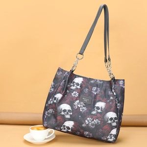 Gothic Skull Flower Print Large Capacity Oxford Cloth Tote Bag Metal Chain Shoulder Bag For Women Dark Punk Style
