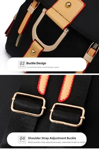 Détail de sac à dos noir avec sangles en cuir fauve, bords rouges et boucles dorées