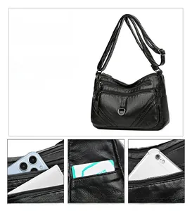 Detail view of multi-pocket black shoulder bag showing textured PU leather and storage capacity