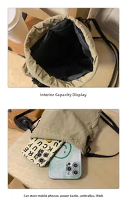 Internal view of beige nylon crossbody bag showing storage space for phone and iPad