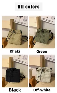 Nylon drawstring crossbody phone bags shown in khaki, green, black and cream white colors