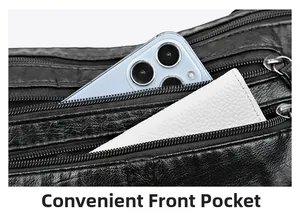 Detail of black pebbled leather crossbody bag showing functional front zipper pocket for phone