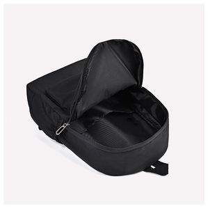 Top view of spacious black oxford backpack showing main compartment and inner pocket