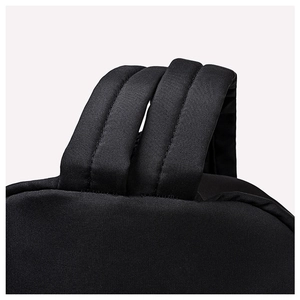 Close-up of reinforced padded shoulder straps on a durable black oxford backpack