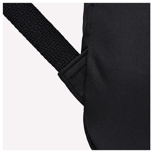 Close-up of reinforced stitching on black oxford cloth backpack shoulder straps