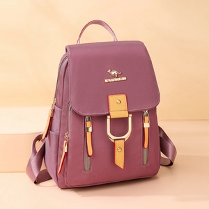 Sac à dos femme grande capacité violet en nylon avec détails cuir jaune et logo doré