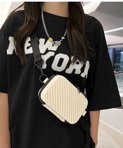 Close-up of cream hard-shell mini suitcase crossbody bag with vertical groove texture