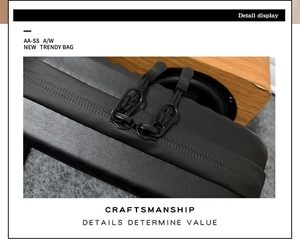 Detail view of smooth double zippers and woven pullers on a black leather cross-body bag