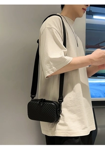Detail of black hardshell mini crossbody bag featuring a grooved texture and shoulder strap
