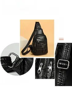 Close-up of black PU leather chest bag showing heart metal decor and hardware details