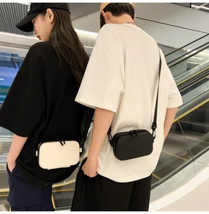 Detail of hard shell crossbody phone bags with diagonal texture on models in a mall