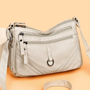 Sac bandoulière en cuir PU crème à plusieurs fermetures éclair avec bandoulière réglable