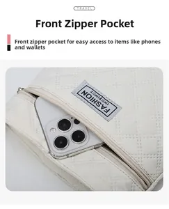 Détail du sac bandoulière montrant la poche zippée avec téléphone et motif à losanges
