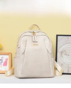 Detail of cream PU leather backpack featuring metal zipper and adjustable fabric straps
