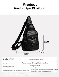 Detailed technical diagram of black PU leather chest bag showing 18x7x29cm dimensions