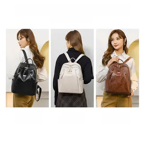 Detailed views of vintage PU leather backpack in black, cream, and brown for women