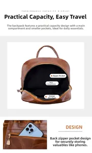 Internal compartments and anti-theft back pocket of brown vintage leather backpack