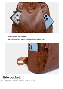 Detail of brown PU leather backpack featuring zipper front pockets and side pouch storage