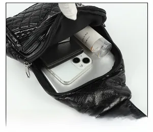 Detailed view of quilted PU leather chest bag interior showing large storage capacity