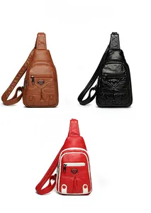 Detailed comparison of vintage PU leather chest bags in brown, black, and red with heart buckle