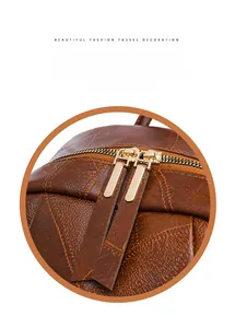 Detail of vintage brown leather backpack with golden double zippers and leather pullers