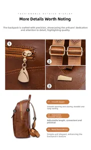 Detail view of smooth metal zippers and adjustable fabric straps on vintage PU leather backpack