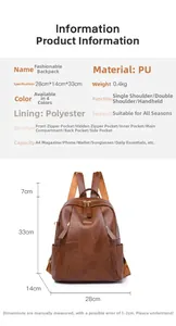 Detailed size chart for vintage PU leather backpack measuring 28cm x 14cm x 33cm with specs