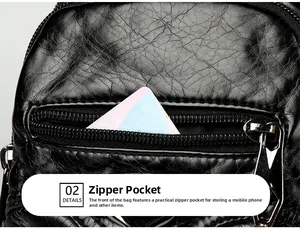Detail of the front zipper pocket on soft black PU leather crossbody bag texture