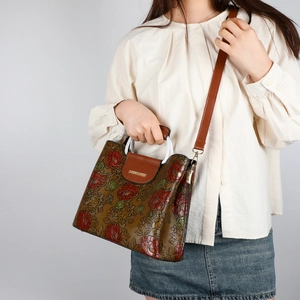 Floral embossed handbag with 3D peony print and detachable shoulder strap for women