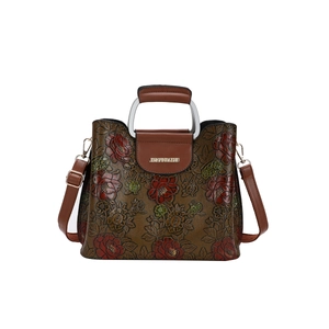 Brown leather handbag with colorful 3D flower pattern and detachable shoulder strap
