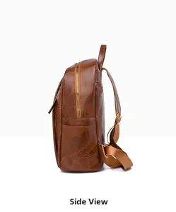 Side view of vintage brown PU leather backpack with lychee texture and side pocket
