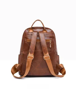 Rear view of brown PU leather backpack with adjustable straps and anti-theft zip pocket