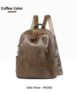 Side view of vintage coffee brown PU leather backpack with gold metal zippers and buckles