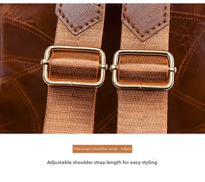 Detail of adjustable nylon shoulder straps with gold metal buckles on brown leather backpack