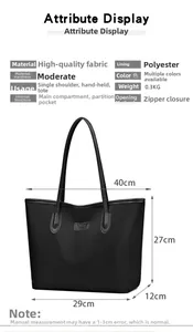 Vista dettagliata della borsa tote nera con dimensioni e fodera interna in poliestere