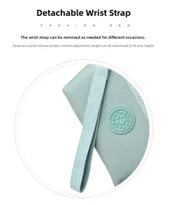 Detail der hellblauen Nylontasche mit verstellbarem Schultergurt und Sport-Logo-Aufnäher