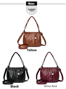 Detailed comparison of vintage pleated PU leather bucket bags in brown, black and burgundy