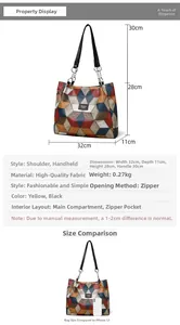 Detailed view of color-block tote bag with 32x28x11cm dimensions and size comparison