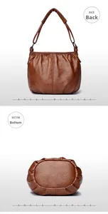 Detailed back and bottom views of brown PU leather bucket bag with textured finish
