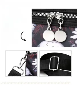 Detail of silver metal zipper and adjustable nylon strap on a skull print tote bag