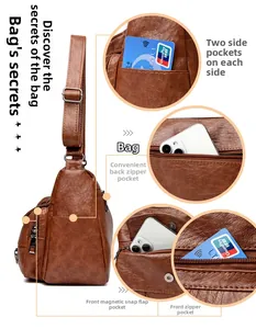 Detail view of brown pebbled leather crossbody bag with multiple functional storage pockets