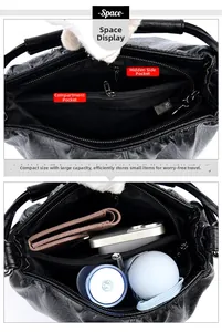 Interior view of black PU leather bucket bag showing large capacity and multi-pocket layout