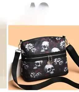 Close-up of gothic skull print and floral patterns on black shoulder bag fabric