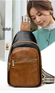 Detail of retro color-block chest bag with lychee texture and woven shoulder strap