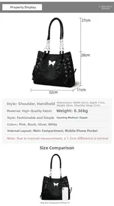 Detailed dimension chart showing a black pleated tote bag with chain straps and size specs