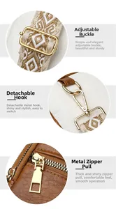 Detail of golden hardware and adjustable jacquard strap on vintage crossbody bag