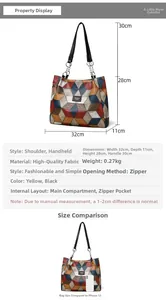 Detailed size comparison of the large geometric tote bag showing dimensions and iPhone scale