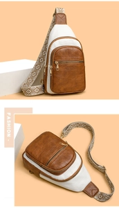 Detail of color-block sling bag with ethnic pattern strap and multiple zip pockets