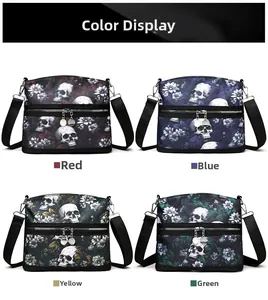 Detail display of skull print crossbody bags in four vibrant color options with dual zippers