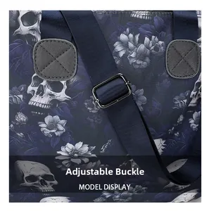 Detail of adjustable metal buckle on navy blue skull print tote bag shoulder strap